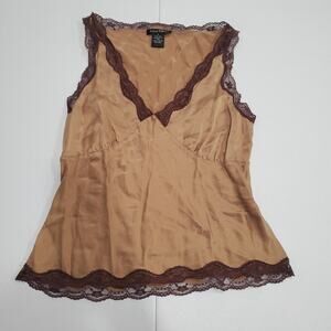 Y2K Silk Babydoll Top Camisole Womens Small Brown Silk Lace Trim V Neck Tank Top